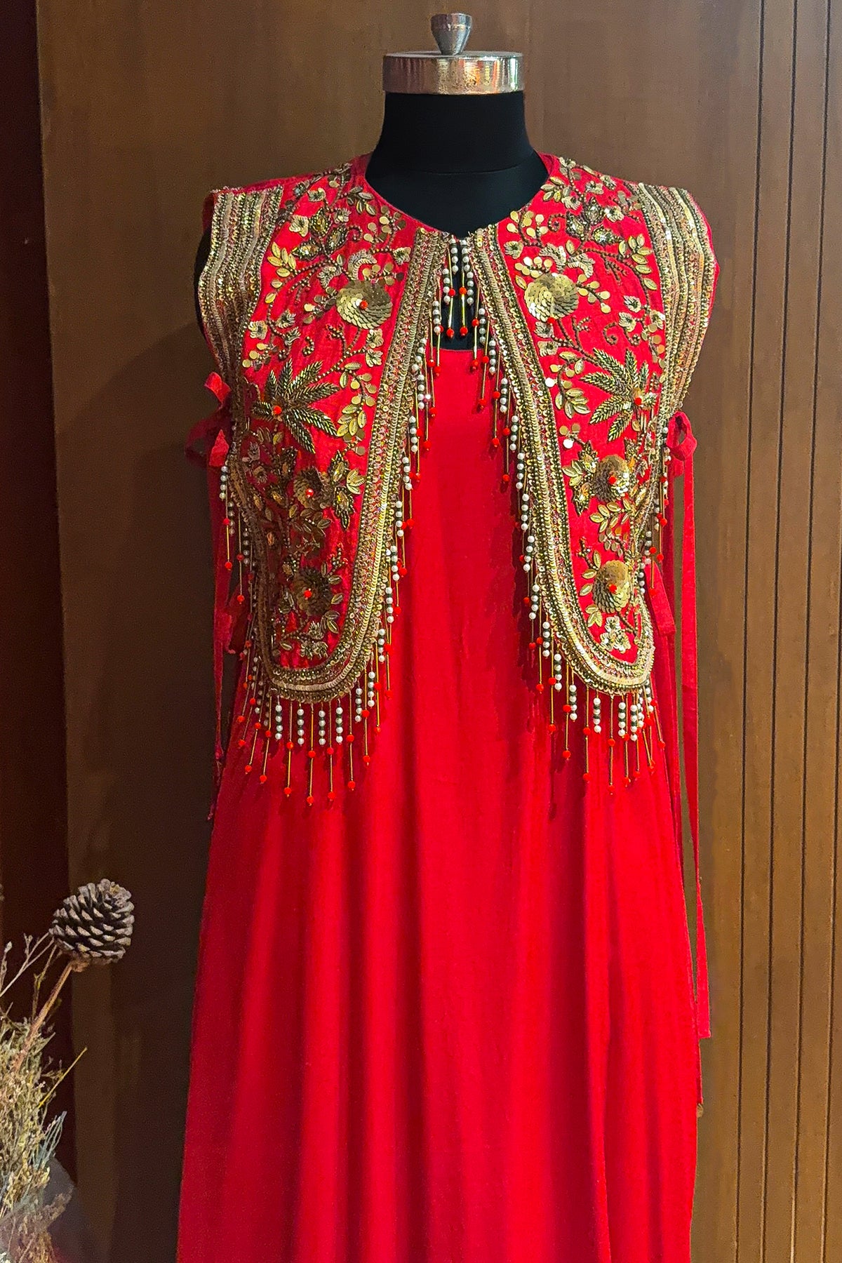 Red Satin Silk Dress with Embellished Jacket - red silk saree