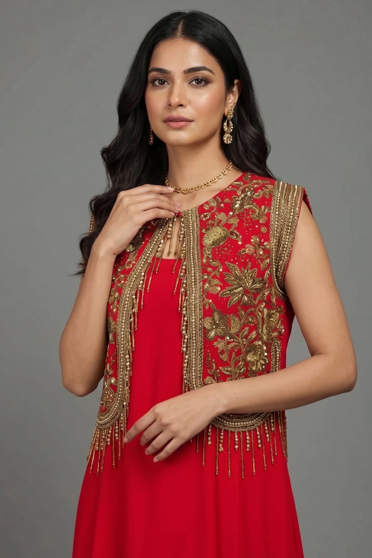 Red Satin Silk Dress with Embellished Jacket - red silk saree