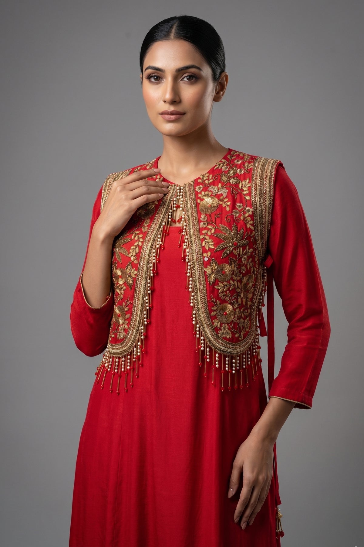 Red Satin Silk Dress with Embellished Jacket - red silk saree