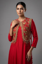 Red Satin Silk Dress with Embellished Jacket - red silk saree
