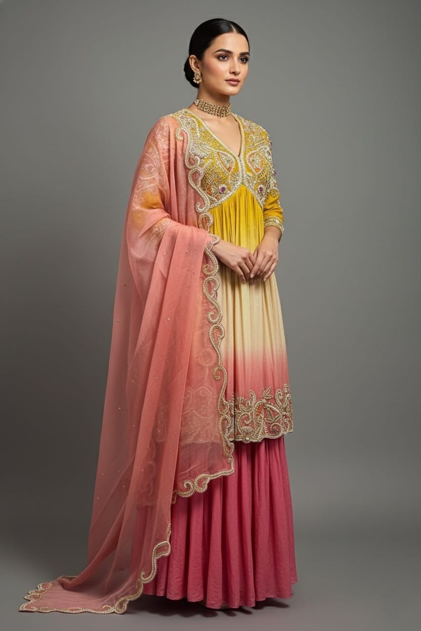 Yellow and Multi Colored Embellished Sharara Set - red saree
