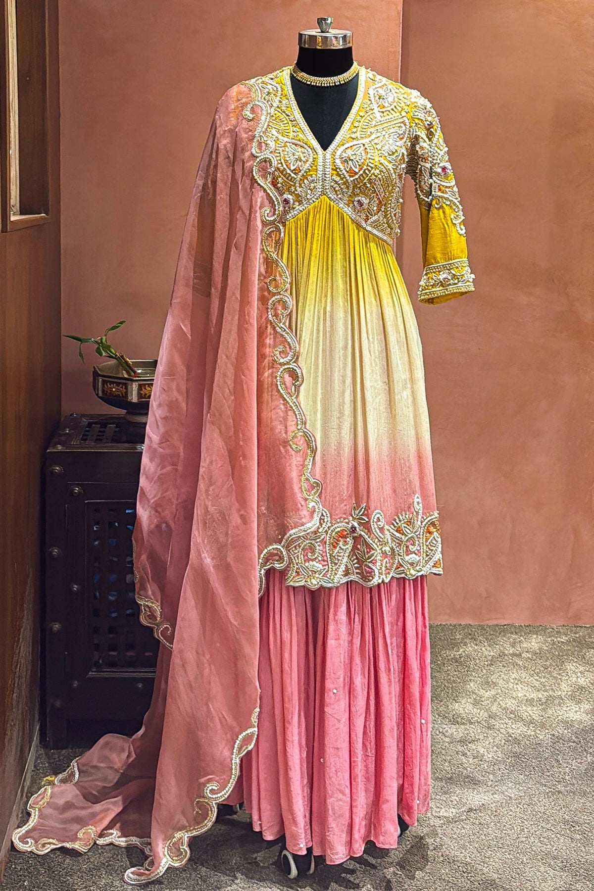 Yellow and Multi Colored Embellished Sharara Set - red saree