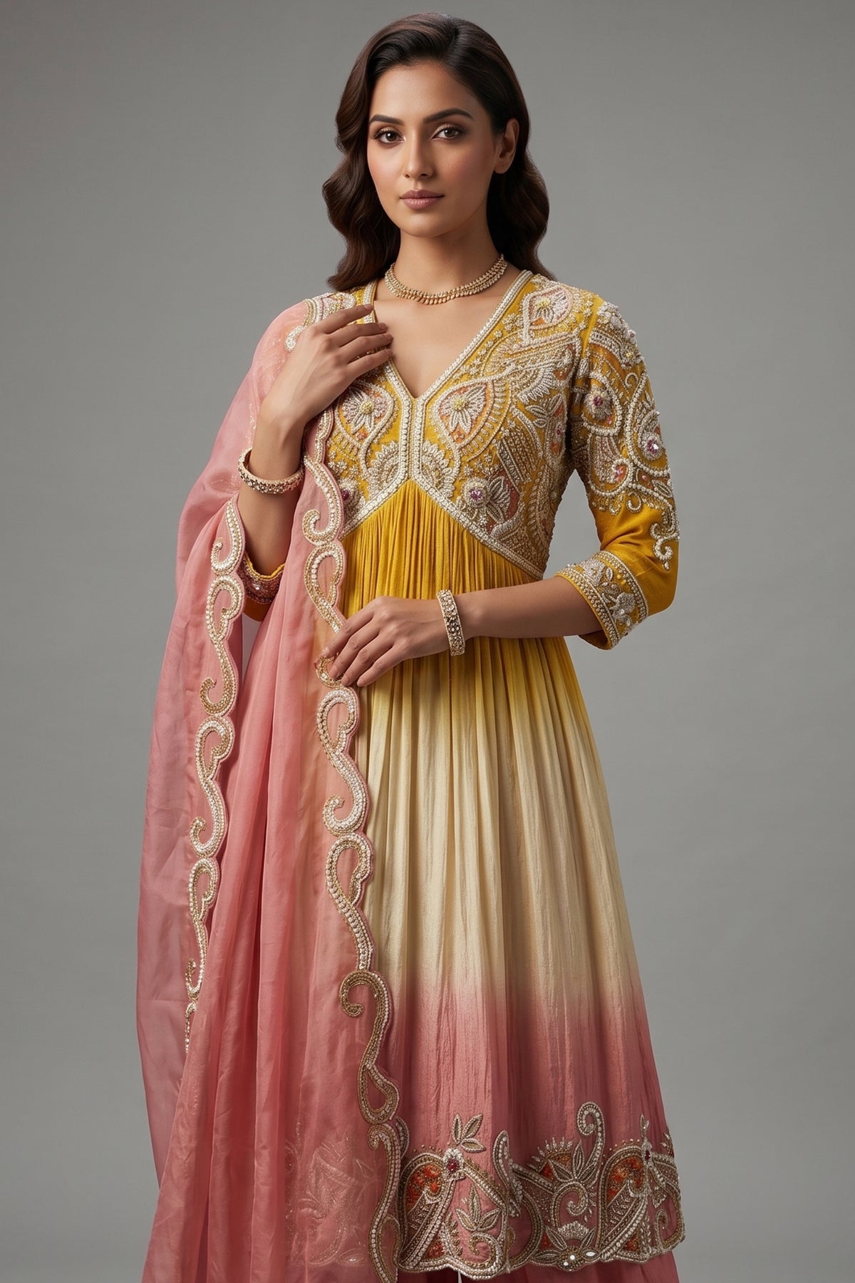Yellow and Multi Colored Embellished Sharara Set - red saree