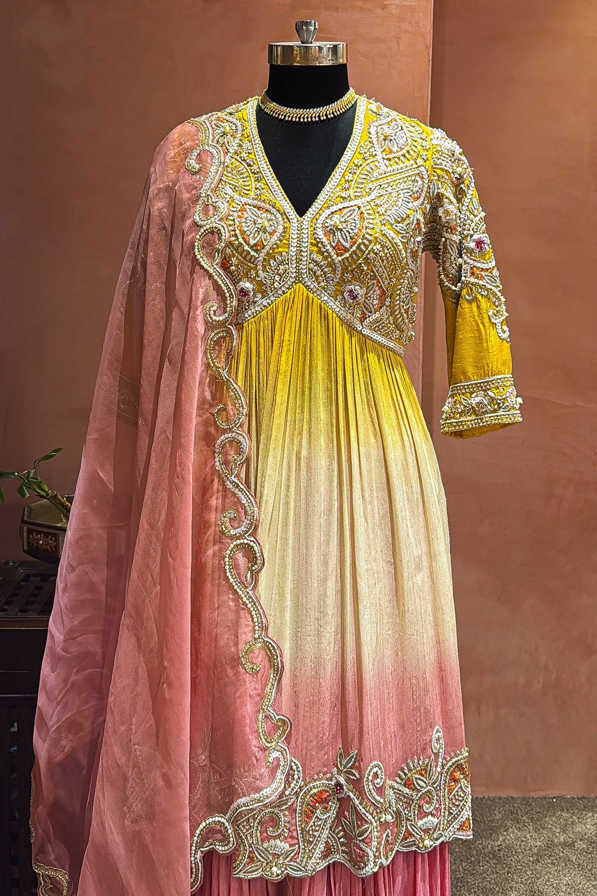 Yellow and Multi Colored Embellished Sharara Set - red saree