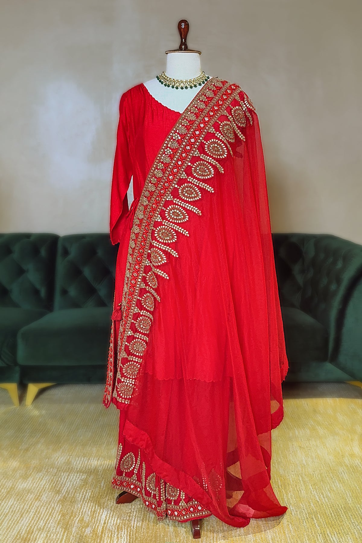 Red Silk Palazzo Suit with Gota Work Cape