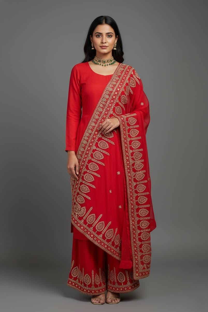 Red Silk Palazzo Suit with Gota Work Cape - red silk saree