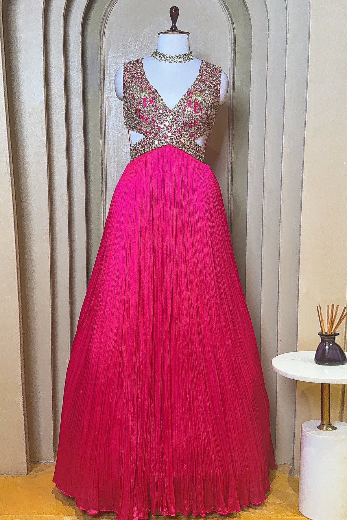Pink Chinon Wraped Style Side Cutout Anarkali Suit with Sequin Mirror Work - pink saree