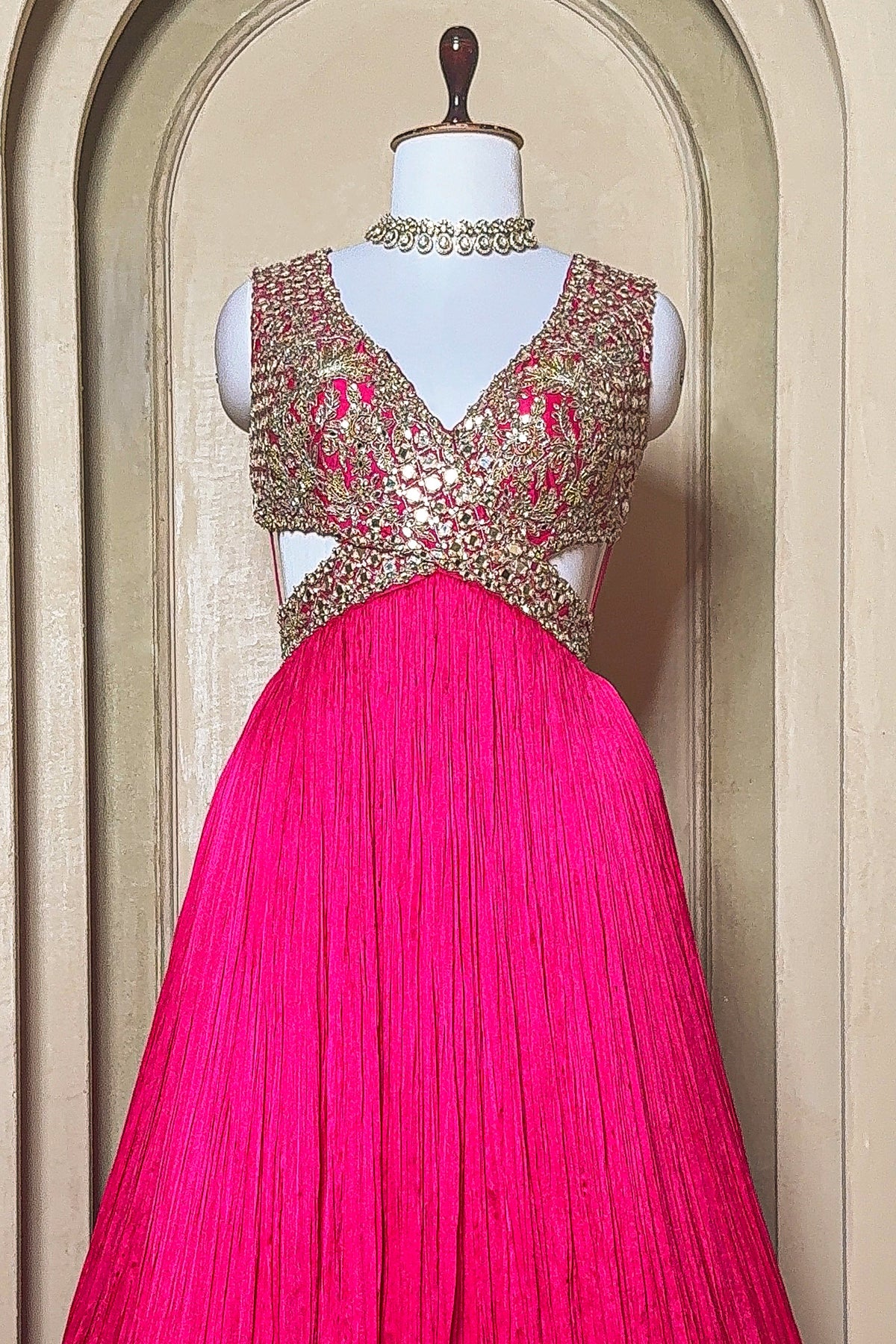 Pink Chinon Wraped Style Side Cutout Anarkali Suit with Sequin Mirror Work - pink saree