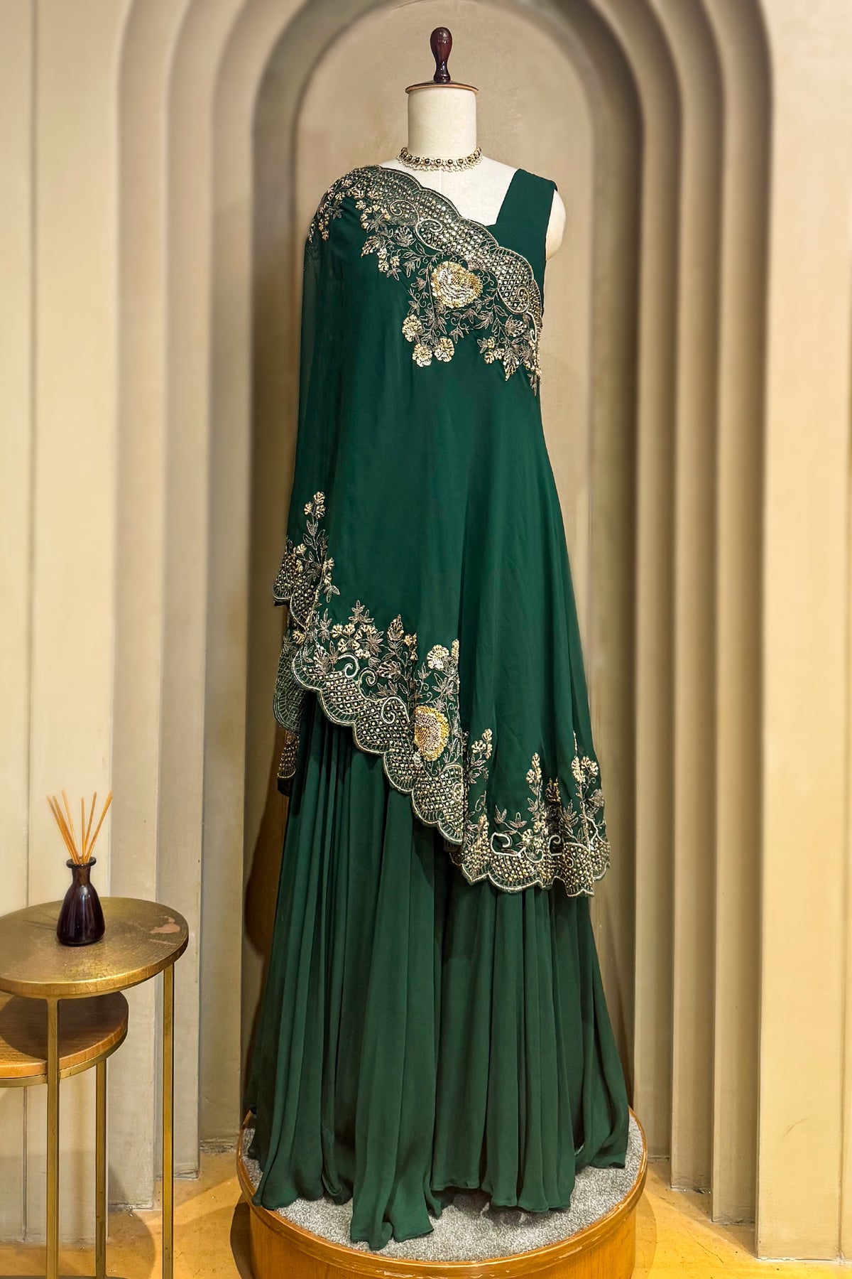 Bottle Green Georgette Anarkali Suit with Sequin and Beaded Work Cape
