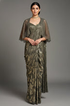 Sage Green Sequin and Beaded Pre Draped Dress with Jacket - green saree