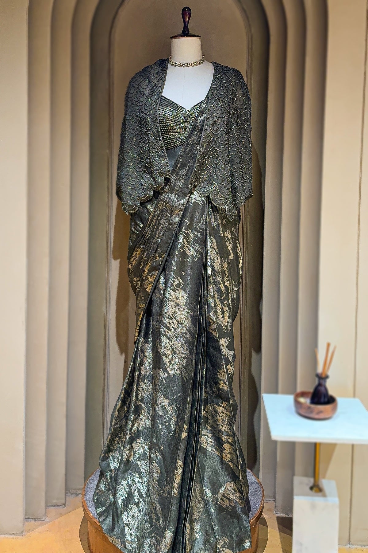 Sage Green Sequin and Beaded Pre Draped Dress with Jacket - green saree