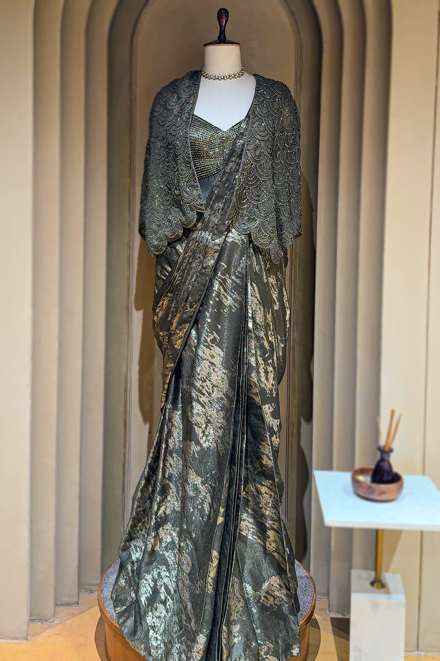 Sage Green Sequin and Beaded Pre Draped Dress with Jacket Saree.com Sage Green Sequin and Beaded Pre Draped Dress with Jacket Saree.com