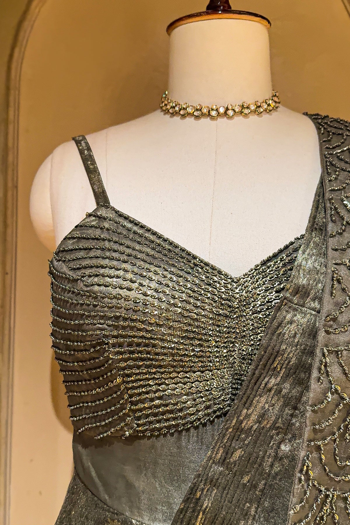 Sage Green Sequin and Beaded Pre Draped Dress with Jacket - green saree