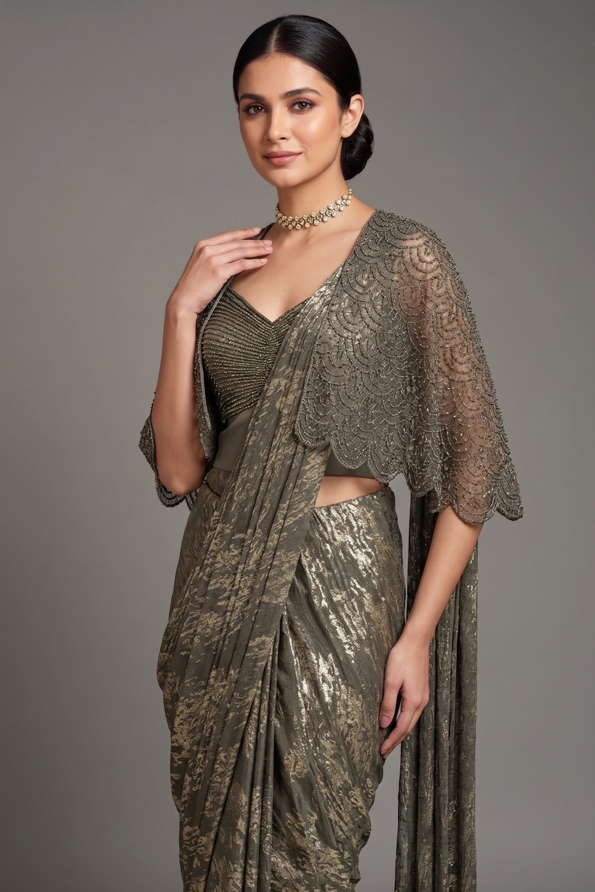 Sage Green Sequin and Beaded Pre Draped Dress with Jacket - green saree