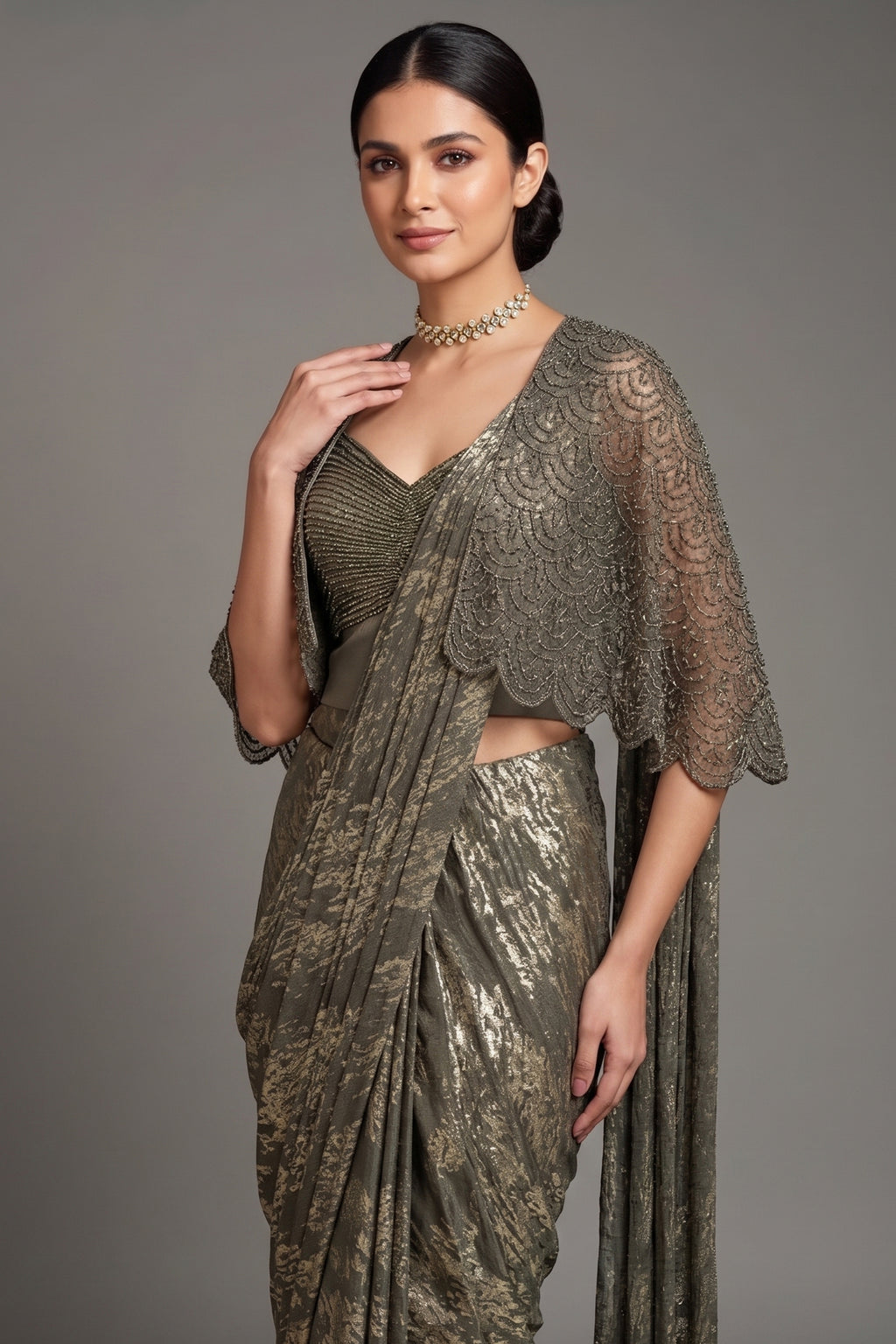 Sage Green Sequin and Beaded Pre Draped Dress with Jacket - green saree