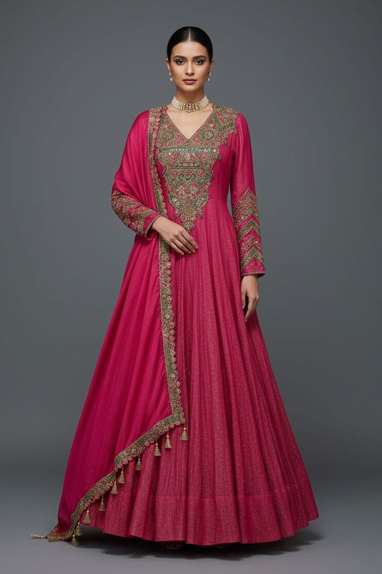 Pink Tissue Crush Handworked Anrakali Suit with Dupatta - pink saree