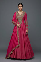 Pink Tissue Crush Handworked Anrakali Suit with Dupatta - pink saree