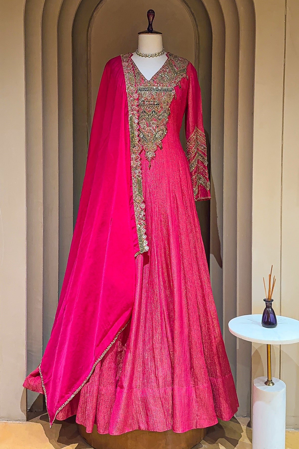 Pink Tissue Crush Handworked Anrakali Suit with Dupatta - pink saree