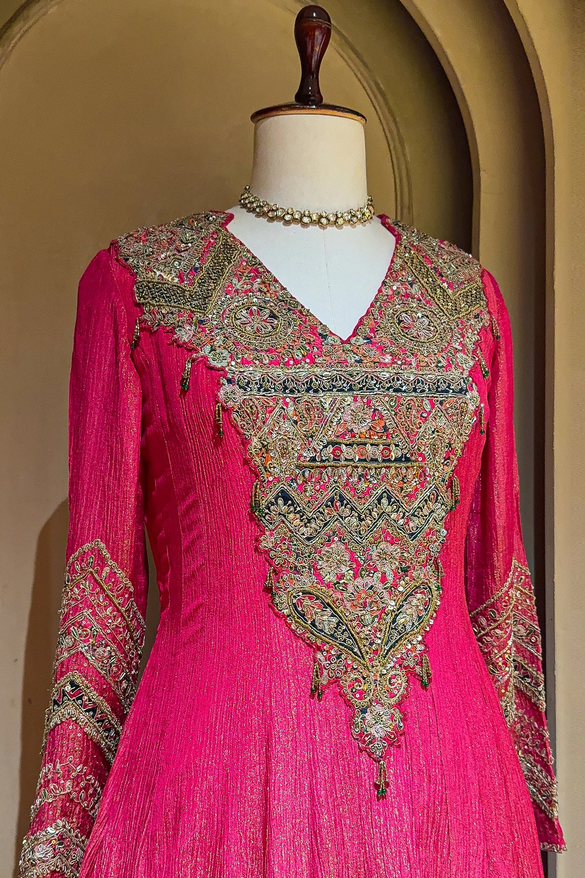Pink Tissue Crush Handworked Anrakali Suit with Dupatta - pink saree