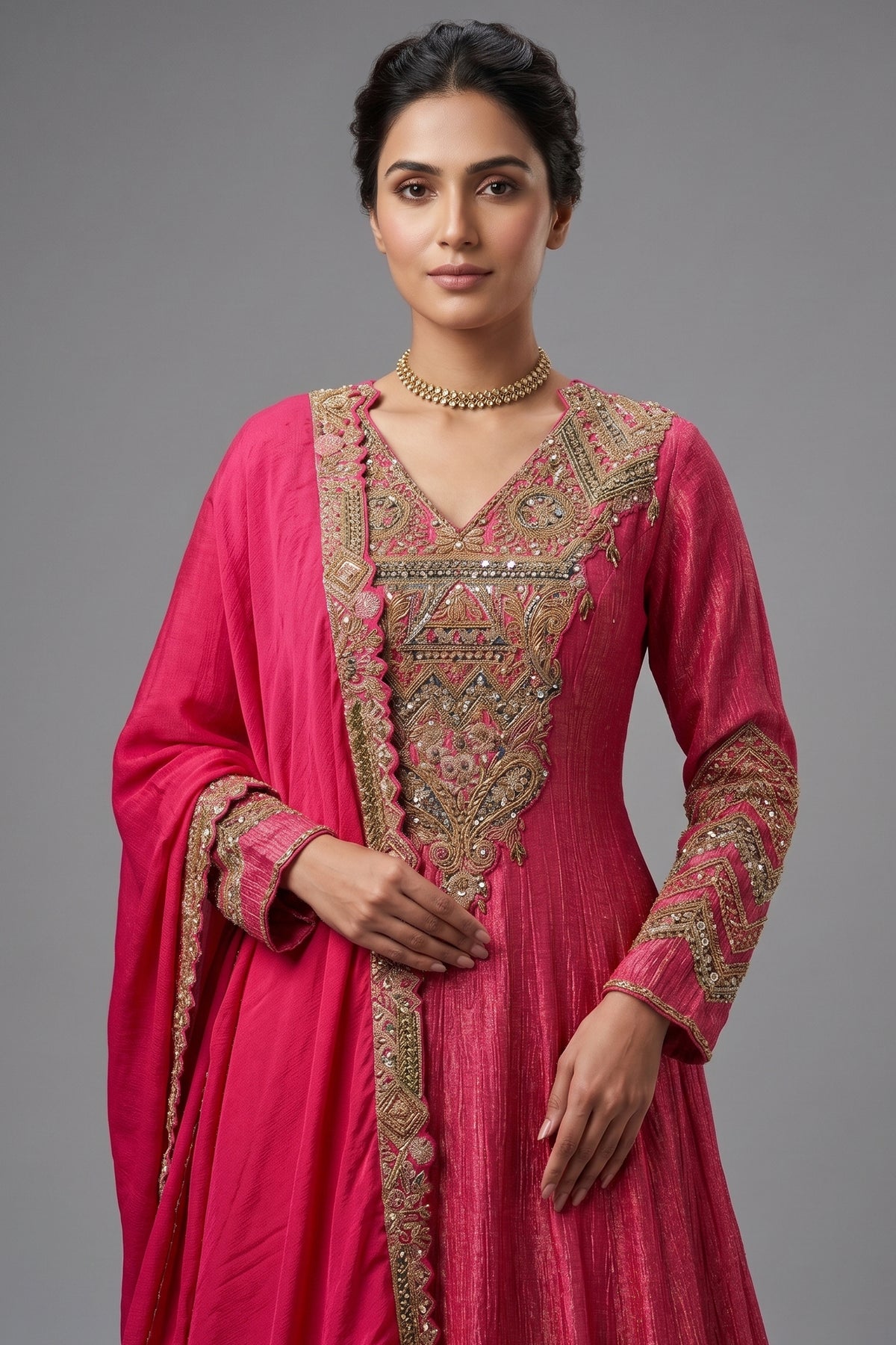 Pink Tissue Crush Handworked Anrakali Suit with Dupatta - pink saree