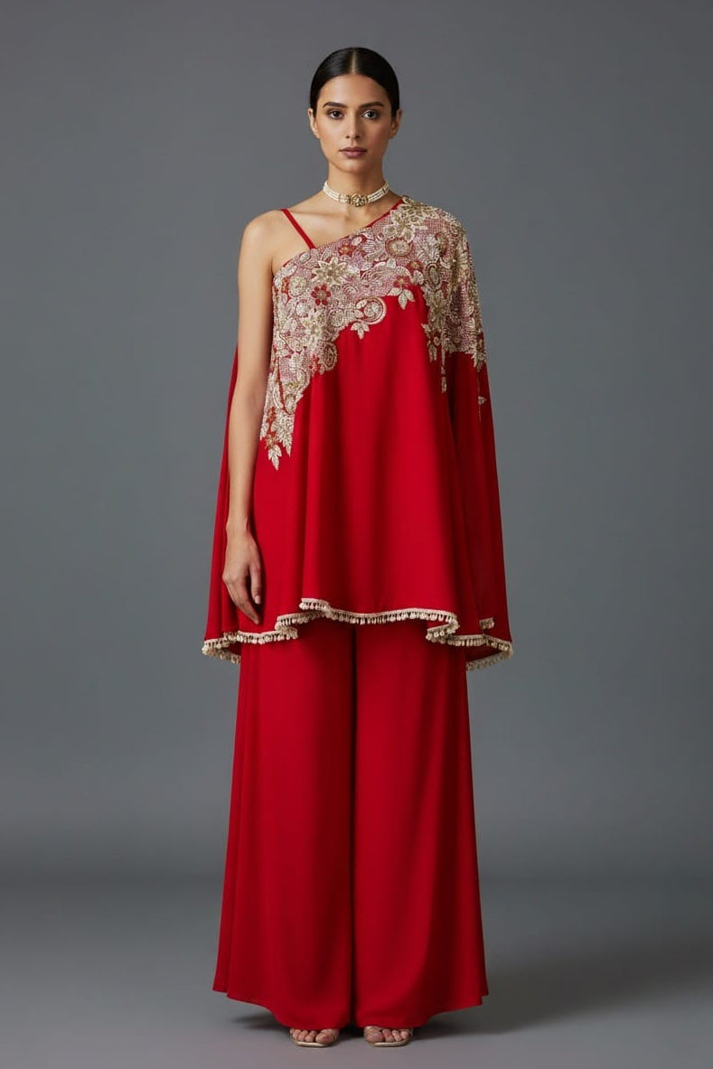 Red Satin Silk Beaded and Sequin Embroidered One Shoulder Palazzo Suit - red silk saree embroidered Main image