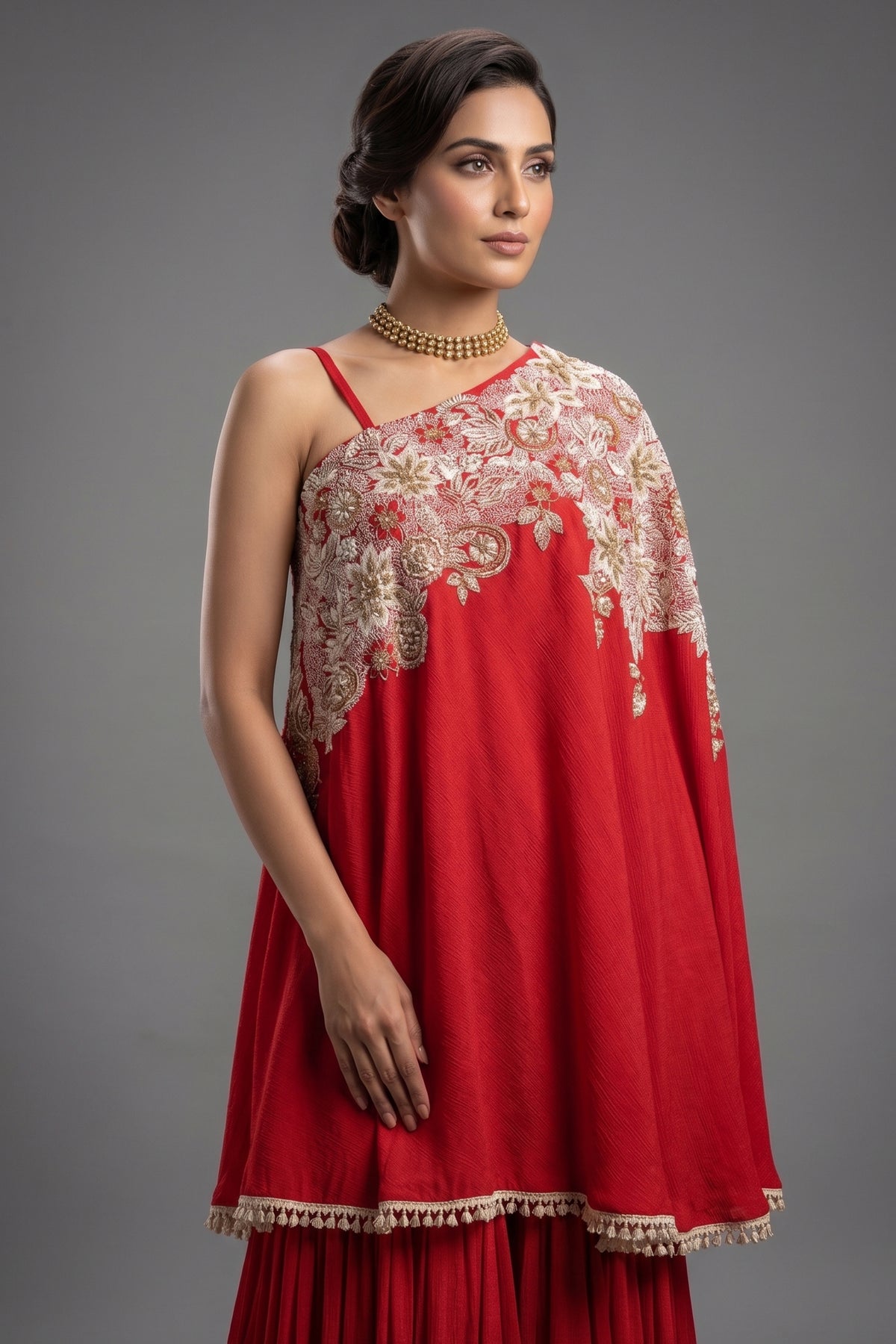 Red Satin Silk Beaded and Sequin Embroidered One Shoulder Palazzo Suit - red silk saree embroidered