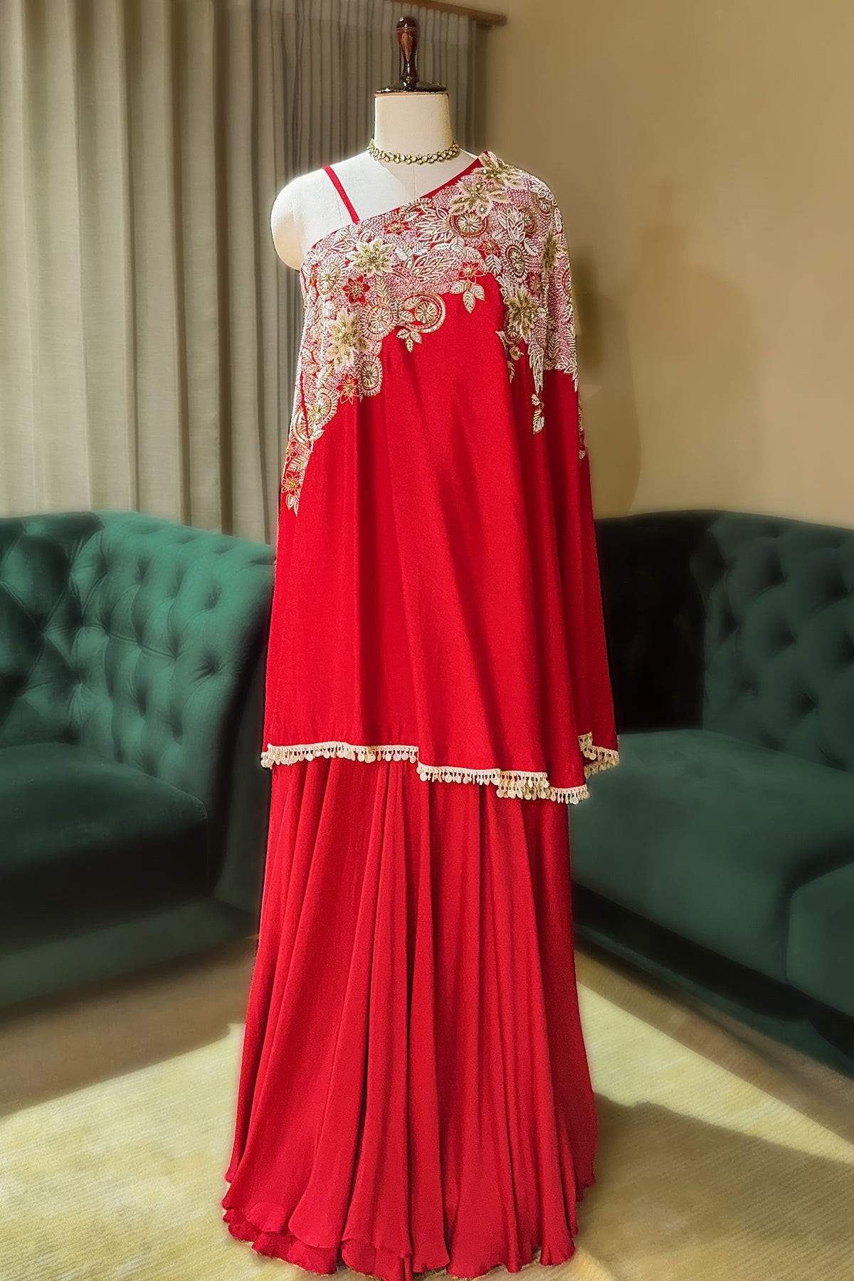 Red Satin Silk Beaded and Sequin Embroidered One Shoulder Palazzo Suit - red silk saree embroidered