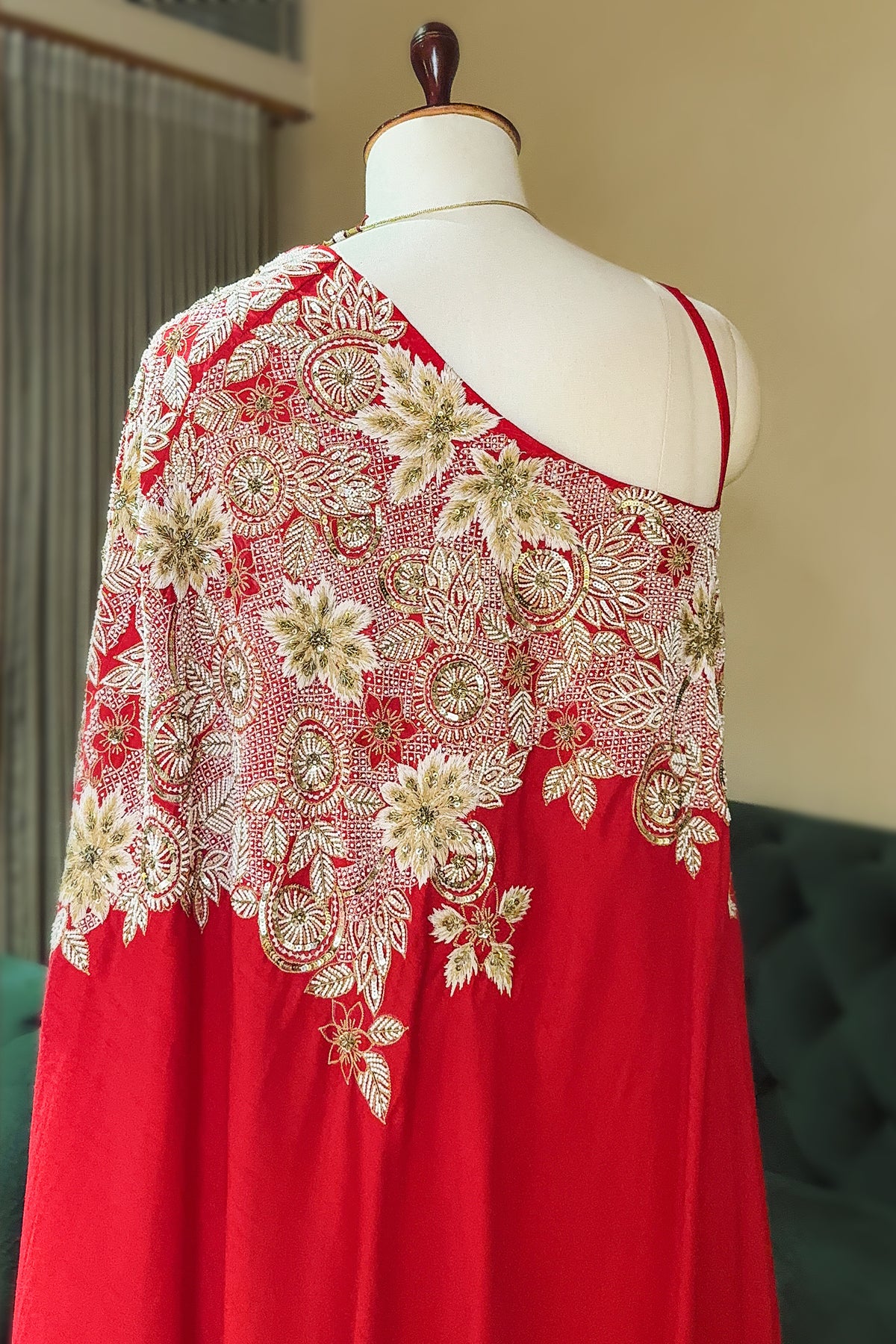 Red Satin Silk Beaded and Sequin Embroidered One Shoulder Palazzo Suit - red silk saree embroidered