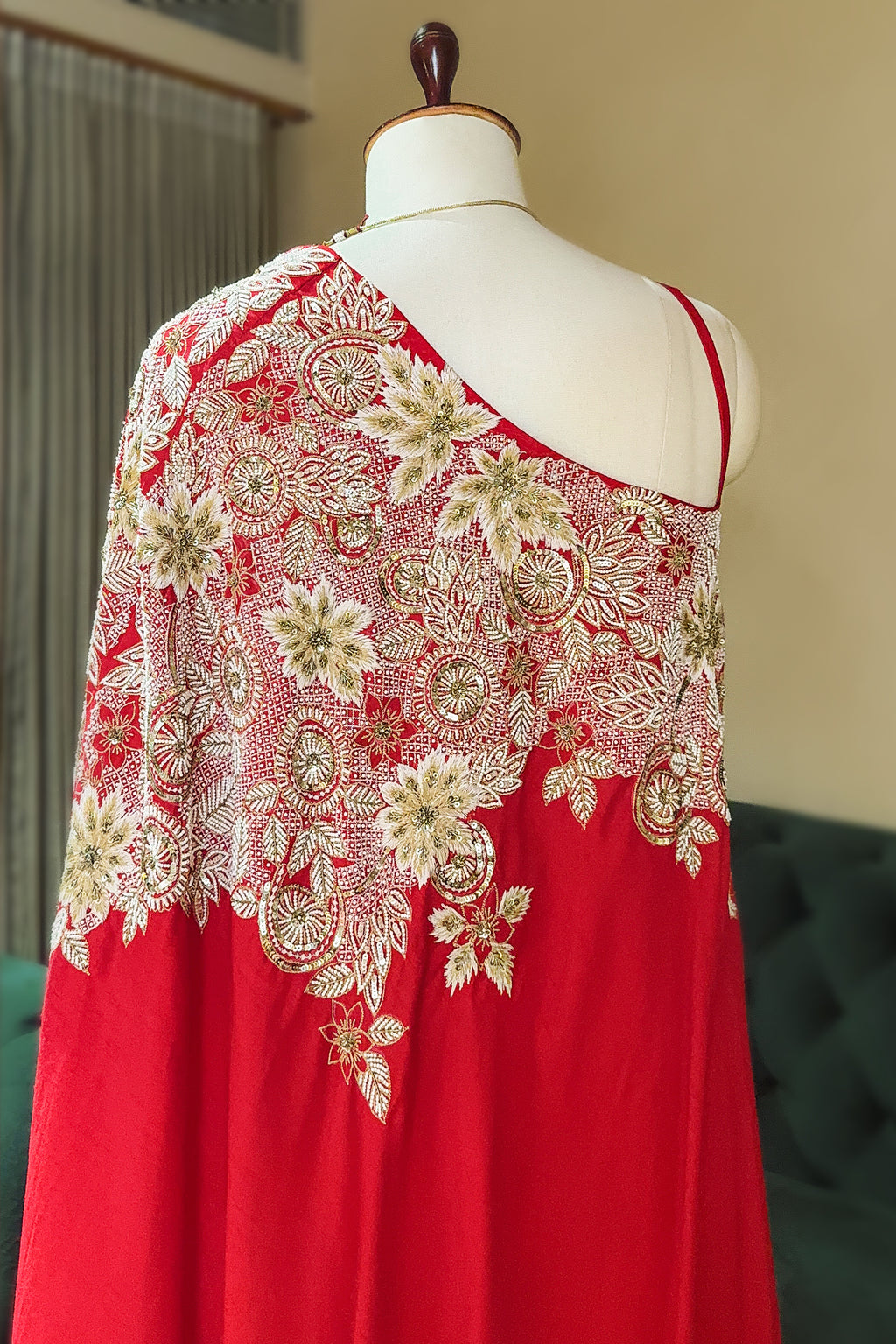 Red Satin Silk Beaded and Sequin Embroidered One Shoulder Palazzo Suit - red silk saree embroidered