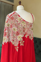 Red Satin Silk Beaded and Sequin Embroidered One Shoulder Palazzo Suit - red silk saree embroidered