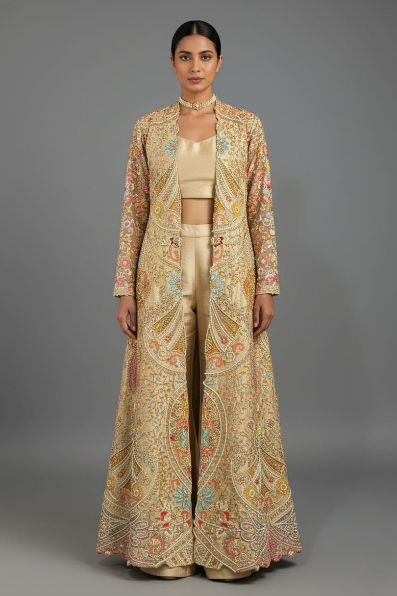 Beige Silk Handworked Indo Western Set - beige silk saree