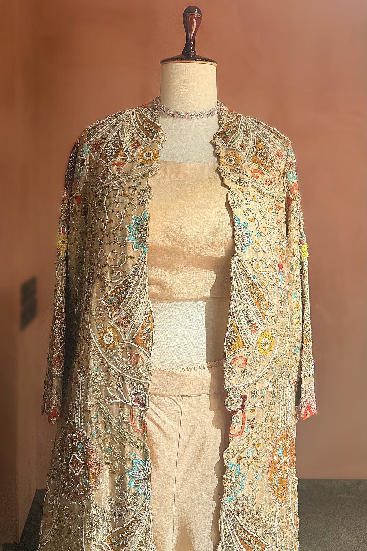 Beige Silk Handworked Indo Western Set - beige silk saree