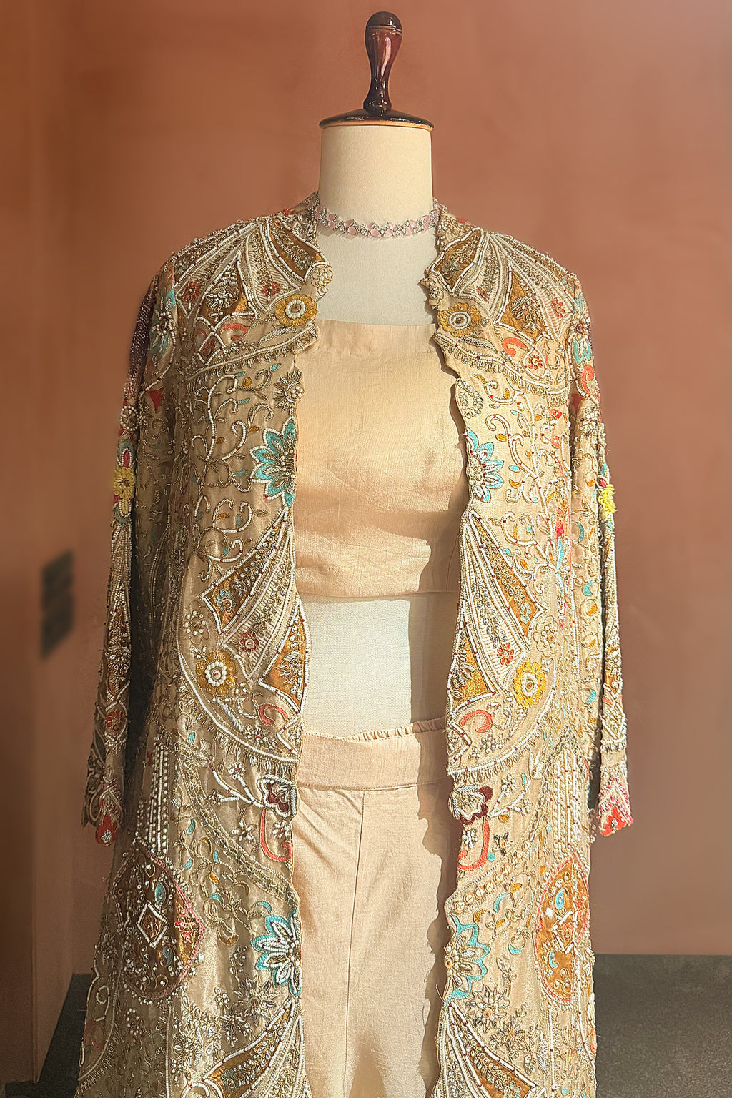 Beige Silk Handworked Indo Western Set - beige silk saree