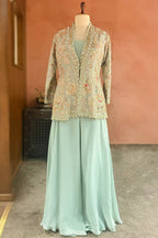 Mint Green Silk Handworked Indo Western Set - green silk saree