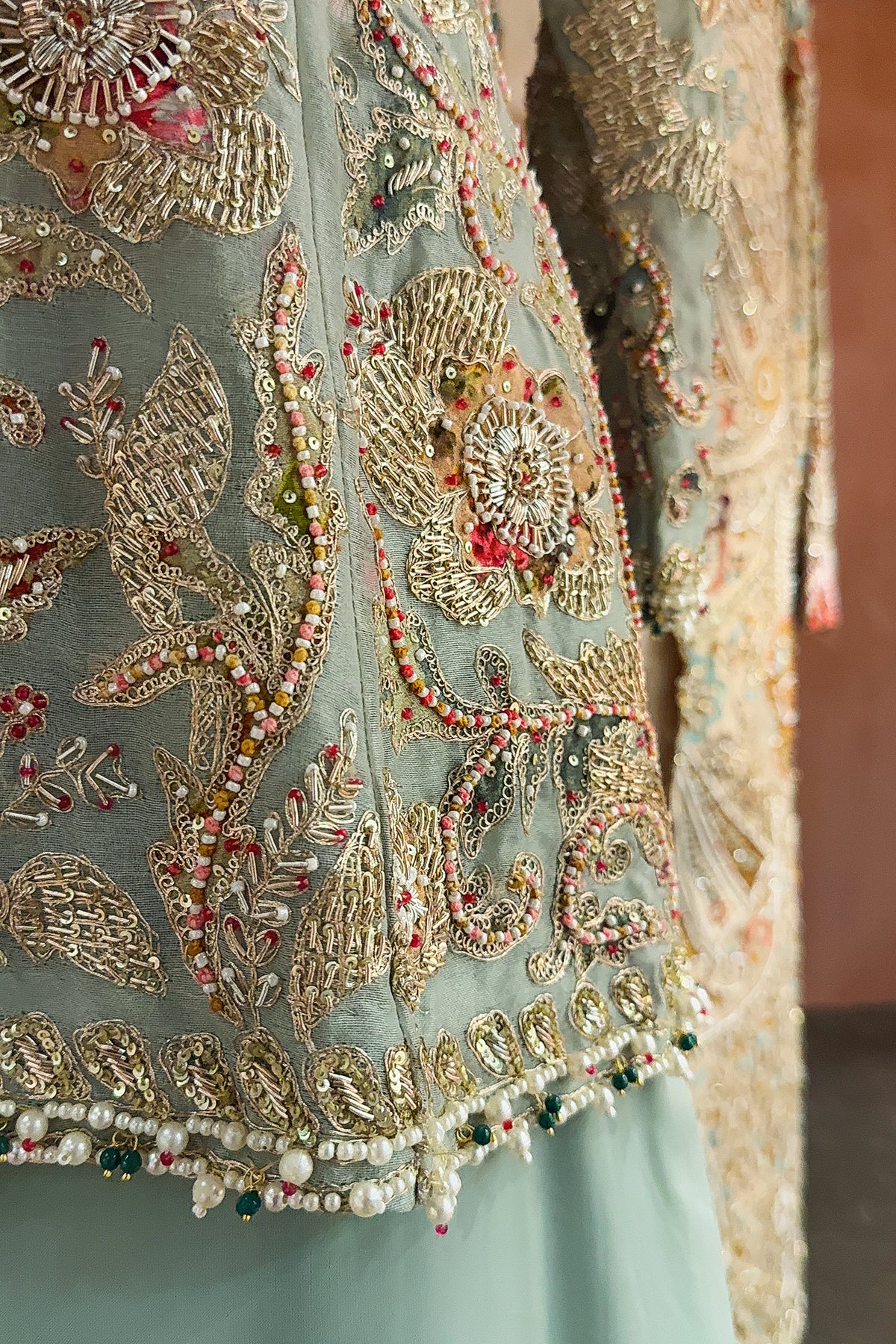 Mint Green Silk Handworked Indo Western Set - green silk saree
