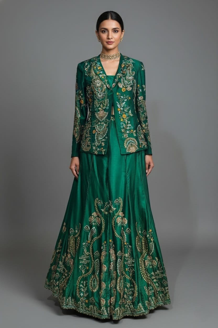 Green Satin Sequin Cutdana Worked Indo Western Set - green satin saree