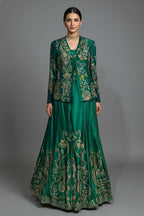 Green Satin Sequin Cutdana Worked Indo Western Set - green satin saree