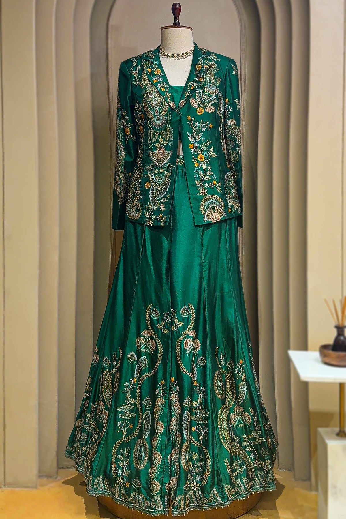 Green Satin Sequin Cutdana Worked Indo Western Set - green satin saree