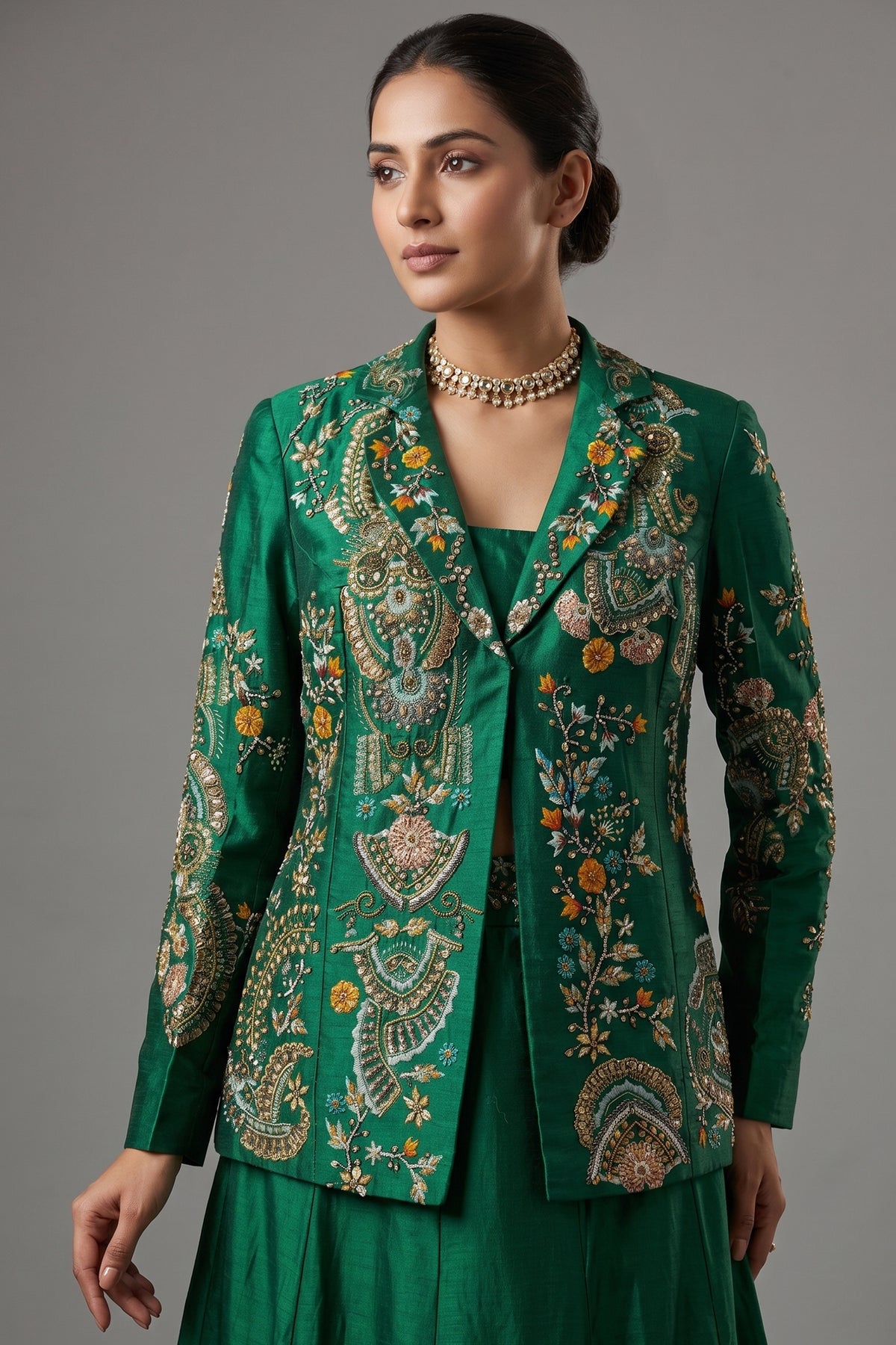 Green Satin Sequin Cutdana Worked Indo Western Set - green satin saree