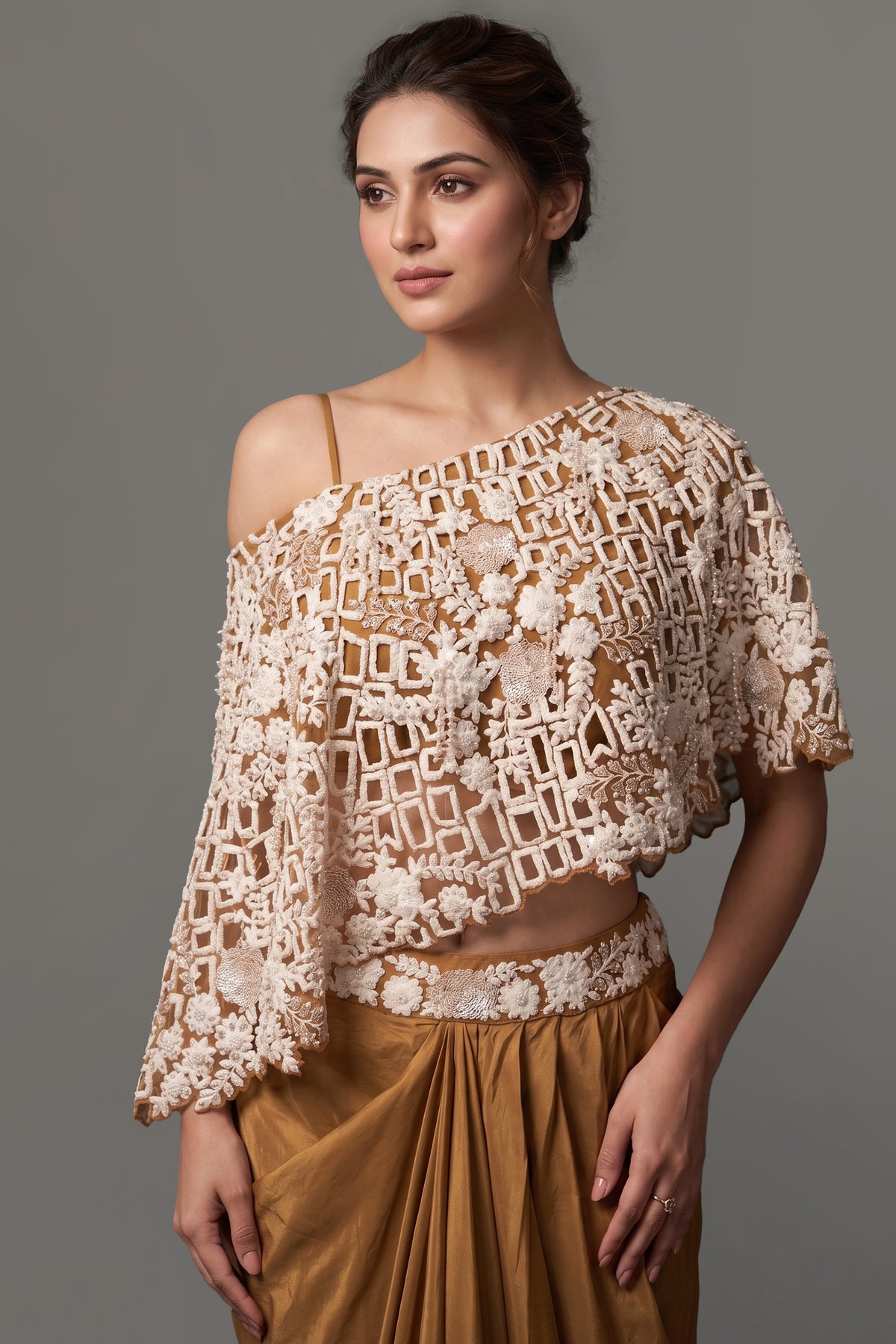 Mustard Brown and Beige Sequin Embroidered One Shoulder Crop Top with Dhoti Skirt Set - red saree embroidered