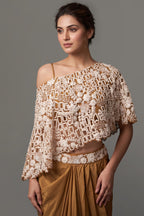 Mustard Brown and Beige Sequin Embroidered One Shoulder Crop Top with Dhoti Skirt Set - red saree embroidered