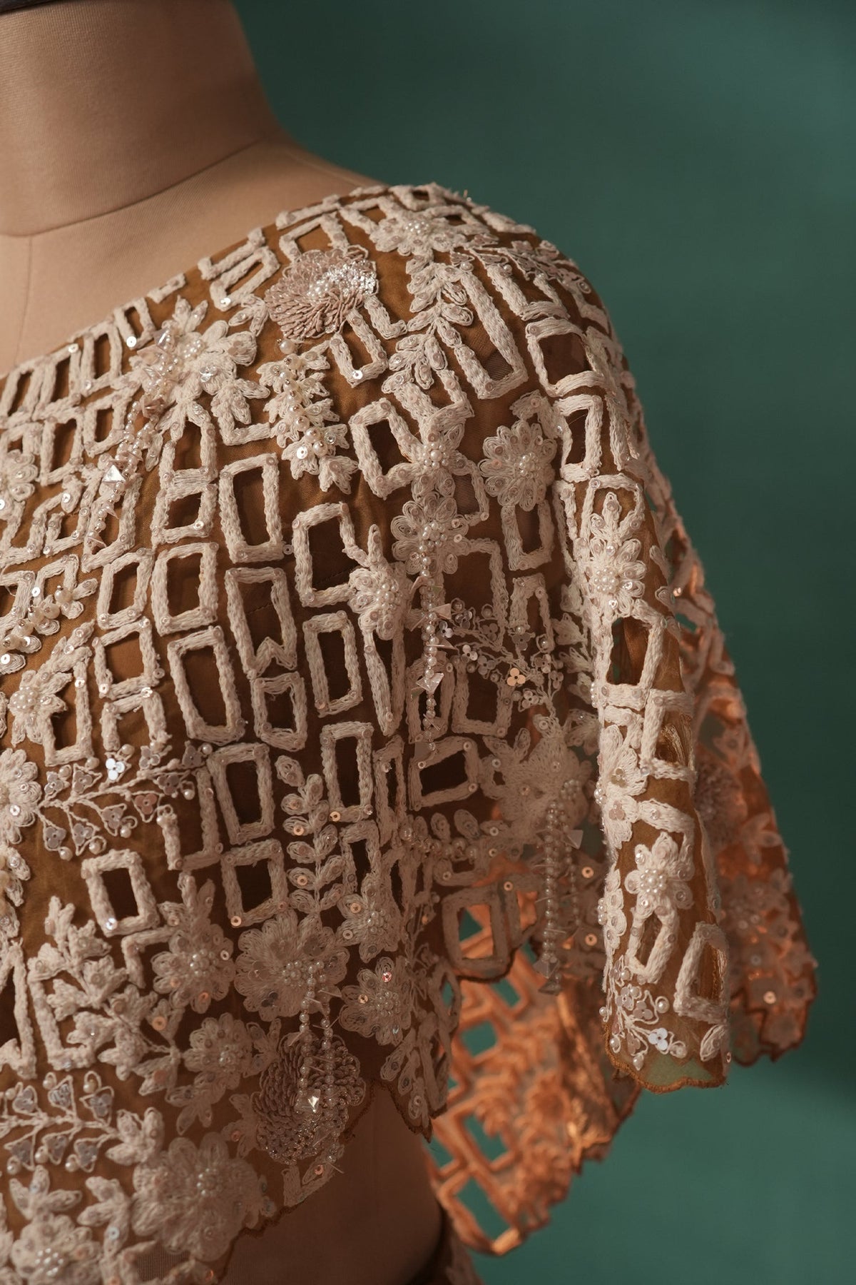 Mustard Brown and Beige Sequin Embroidered One Shoulder Crop Top with Dhoti Skirt Set - red saree embroidered