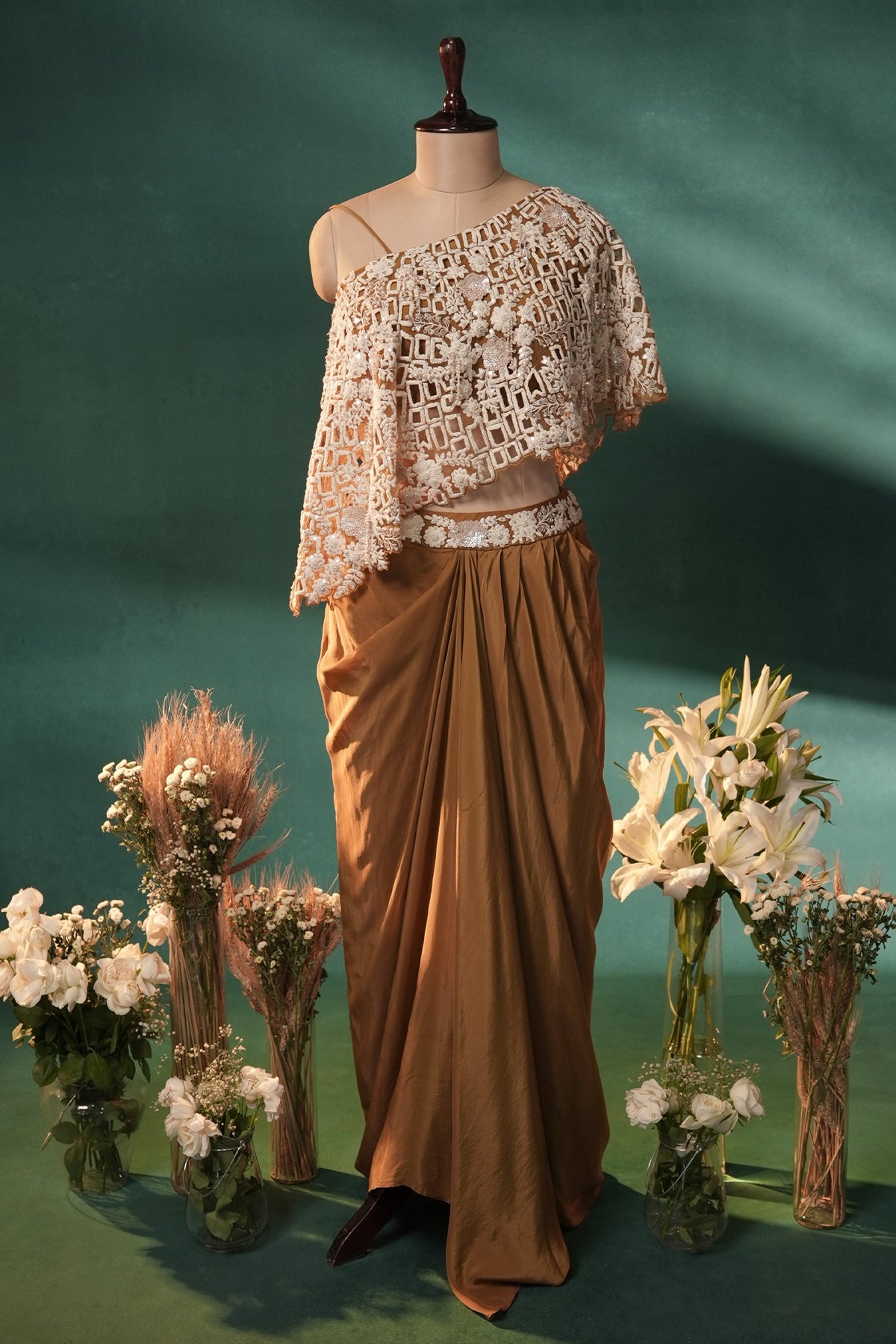 Mustard Brown and Beige Sequin Embroidered One Shoulder Crop Top with Dhoti Skirt Set - red saree embroidered