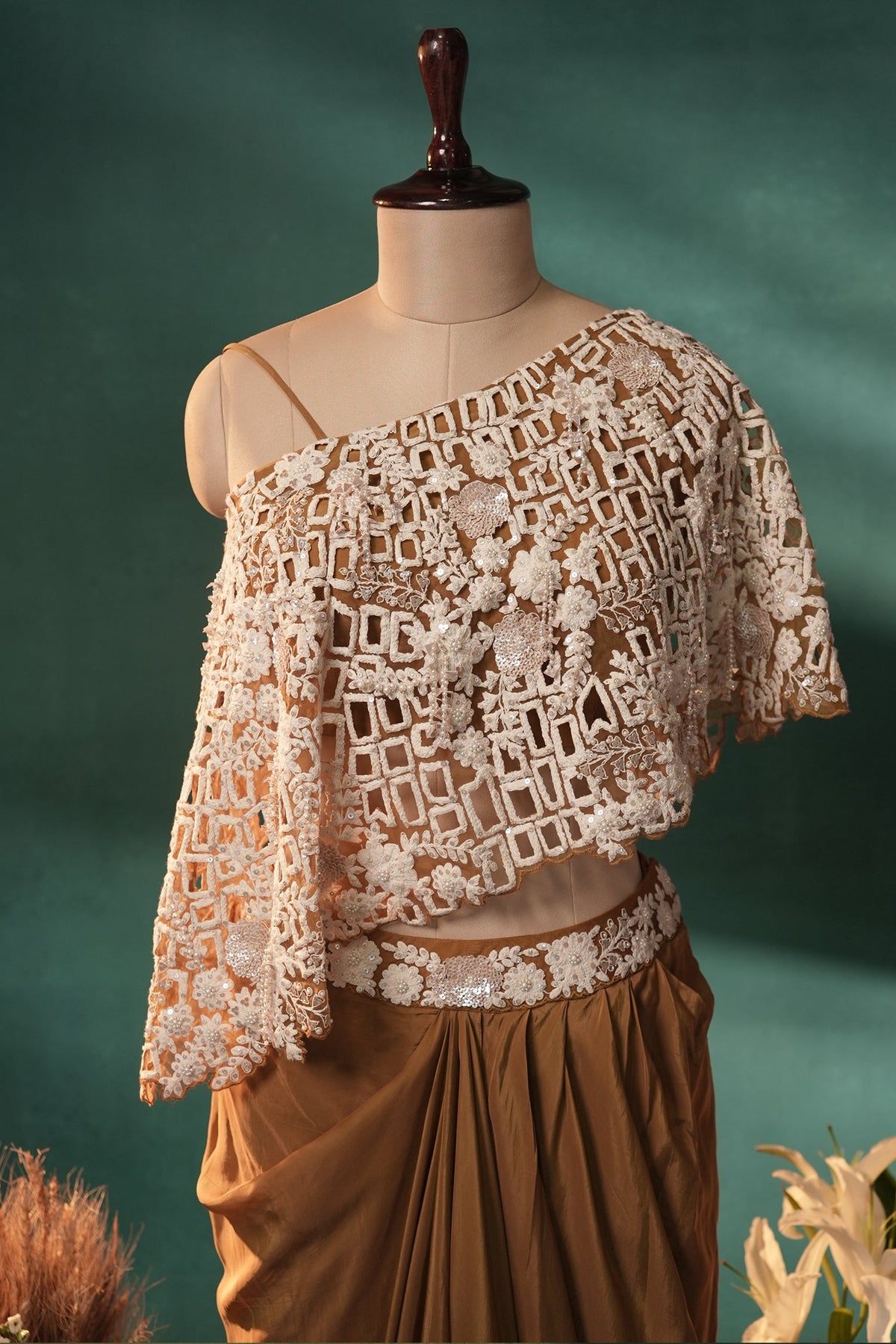 Mustard Brown and Beige Sequin Embroidered One Shoulder Crop Top with Dhoti Skirt Set - red saree embroidered