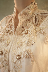 Pearl White Crop Top Dhoti Skirt Set with Cutworked Jacket