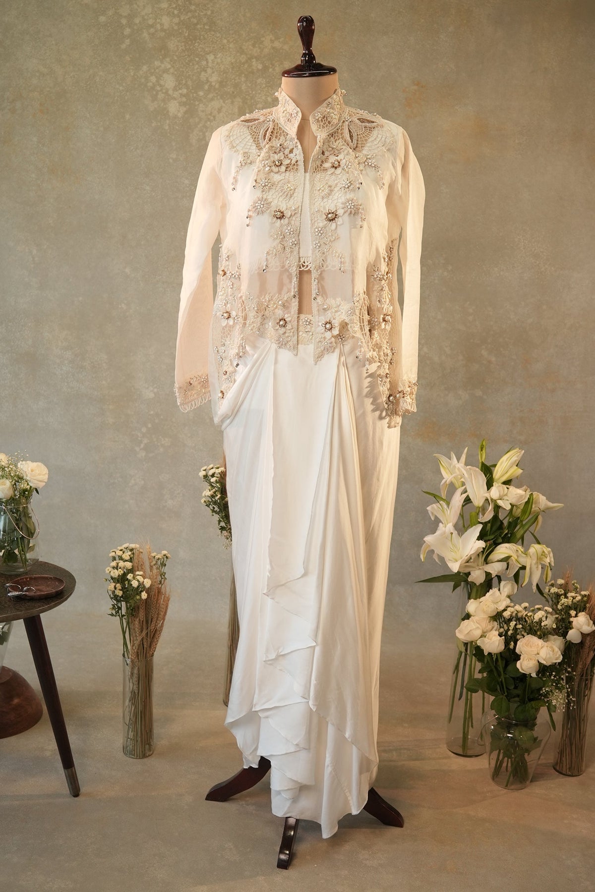 Pearl White Crop Top Dhoti Skirt Set with Cutworked Jacket