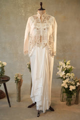 Pearl White Crop Top Dhoti Skirt Set with Cutworked Jacket