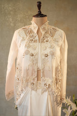 Pearl White Crop Top Dhoti Skirt Set with Cutworked Jacket