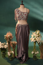 Dusky Purple Organza One Shoulder Crop Top Dhoti Skirt Set with Beaded Fringe Detailing - purple organza saree