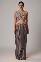 Dusky Purple Organza One Shoulder Crop Top Dhoti Skirt Set with Beaded Fringe Detailing - purple organza saree